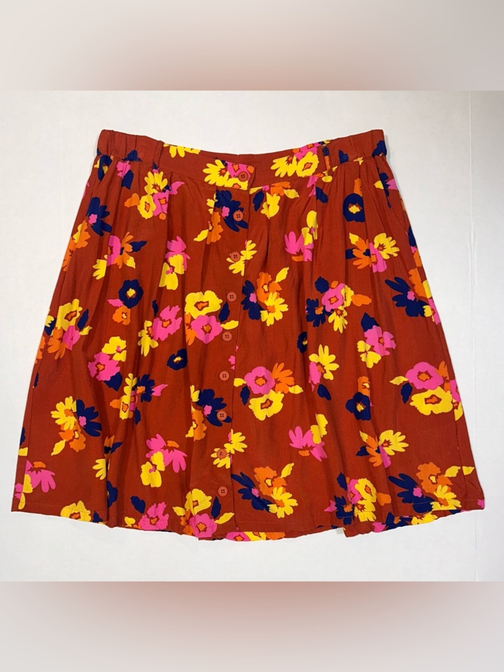 ModCloth XL Floral Print Skirt With Pockets Orange Rust Cottagecore Lightweight